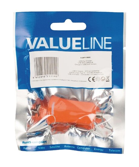 Valueline Vlmp11950o Usb-autolader Usb A Female - 12v-autoaansluiting Oranje