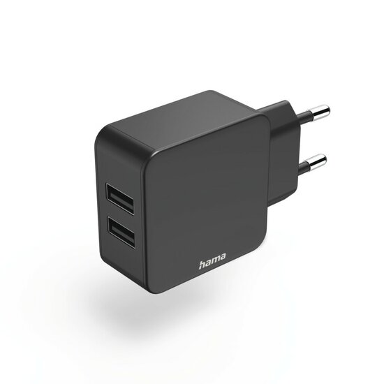 Hama 2-voudige-oplader USB-A-netadapter 2,4 A Uni. Adapter 12 W Zwart