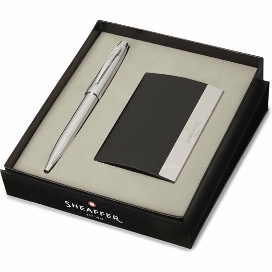 Sheaffer SF-G2930651-3 Balpen 100 M Giftset Brushed Chrome Nickel Plated + Visitekaarthouder