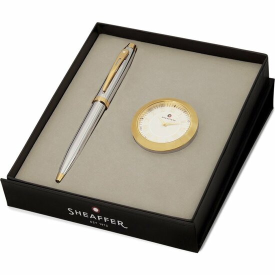 Sheaffer SF-G2934051-1 Balpen 100 M Giftset Bright Chrome Gold Tone Met Gold Plated + Tafelklok