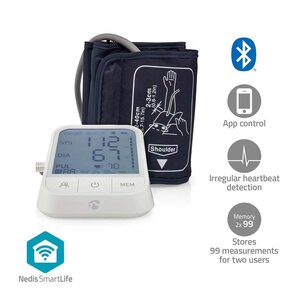 Nedis BTHBP10WT Smartlife Bloeddrukmeter Arm Bluetooth® Lcd-scherm 22 - 42 Cm Aanduiding Van Stil Houden / Detectie Van Onregelmatige Hartslag / Detectie Voor Het Dragen Van Armband Wit