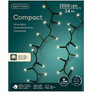 Lumineo Compact Kerstverlichting Binnen/Buiten 34M Groen 1500 LEDs Warm Wit Dimmer Timer